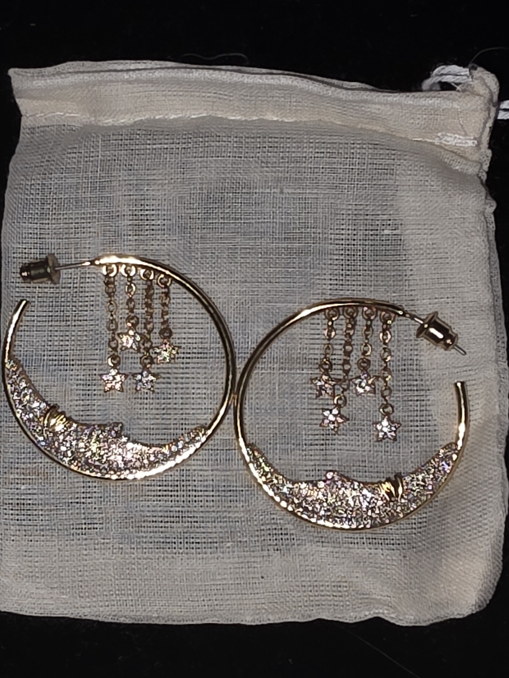 Anthropologie Gold Crescent Hoop Earrings with Dangly Star Charms